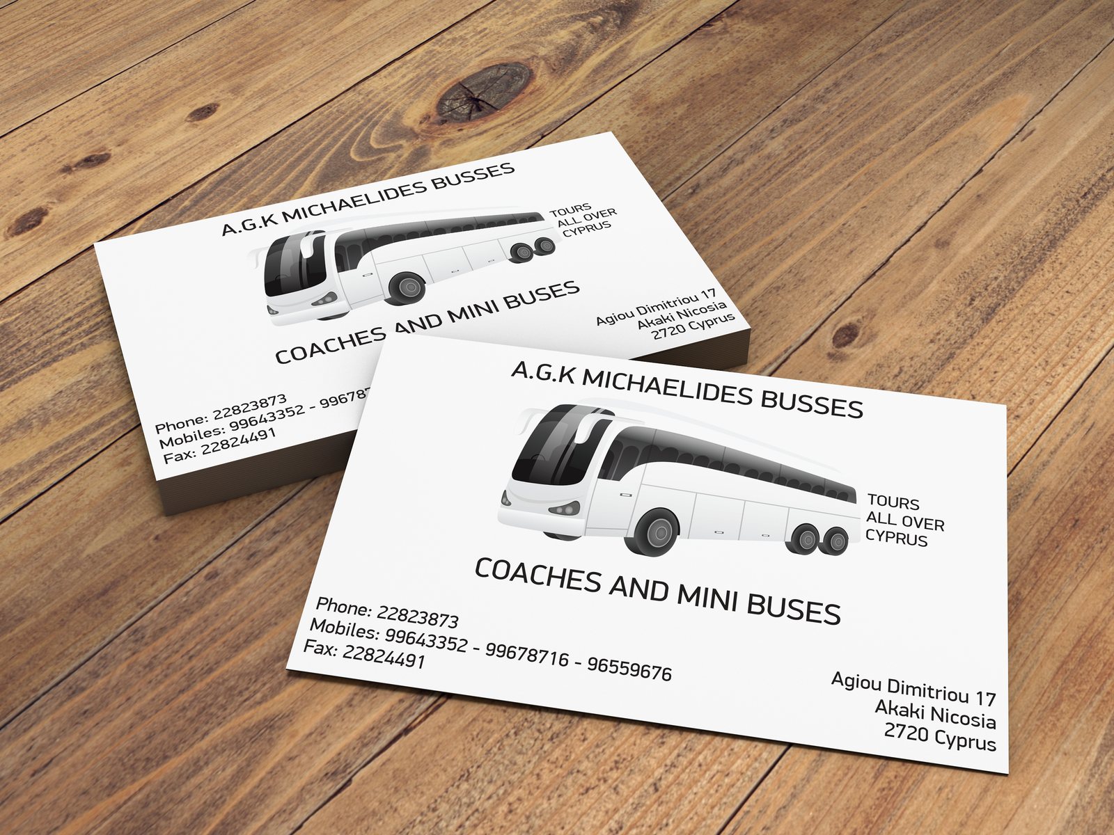 Επαγγελματικές κάρτες για την A.G.K Michaelides Busses, σχεδιασμένες από τη Digitsols