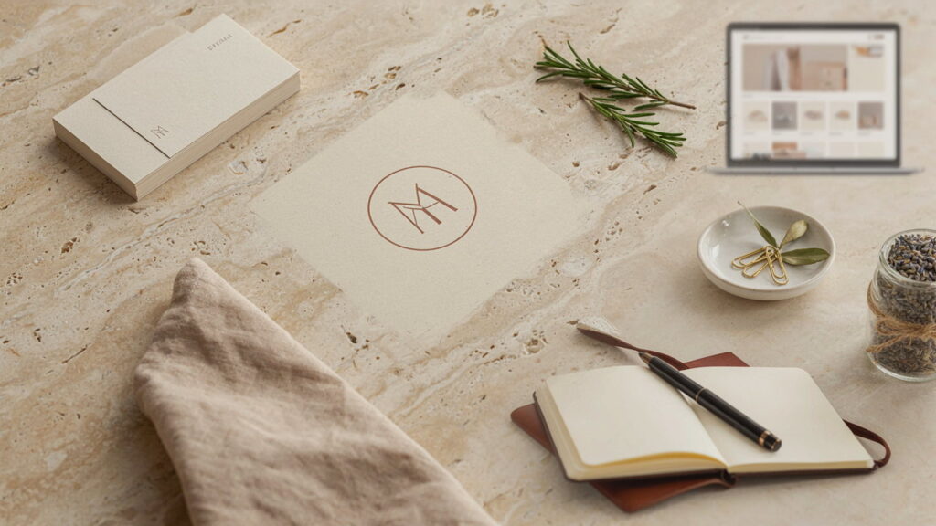Brand stationery, printed materials and a monogram logo arranged on linen and stone