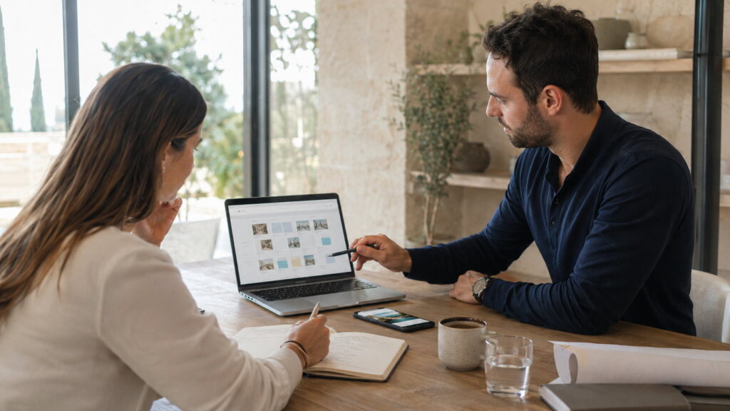 A business owner and a marketer planning a monthly content calendar together at a desk