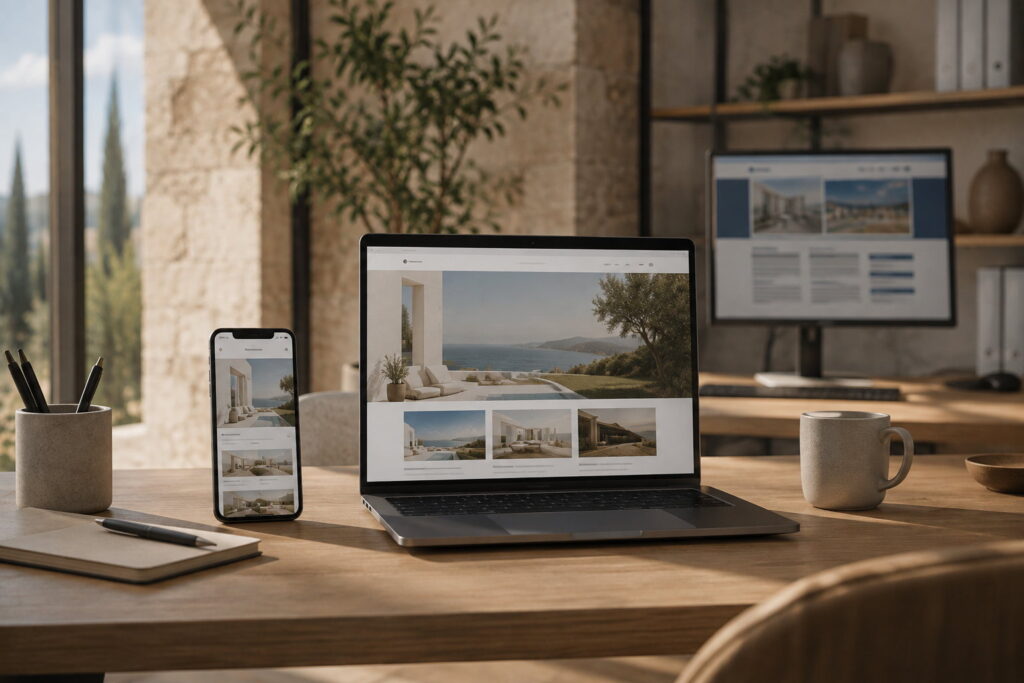 A modern business website shown on a laptop, smartphone and desktop monitor in a Cyprus office